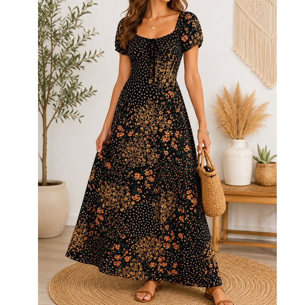 16 Liberty Love Womens Boho Maxi Dress Size M‎ Floral Patchwork Elastic Waist